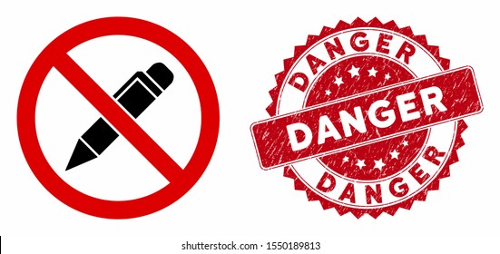 Vector no pencil icon and distressed round stamp seal with Danger caption. Flat no pencil icon is isolated on a white background. Danger stamp seal uses red color and distress design.