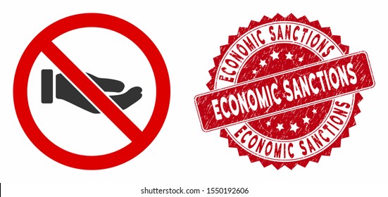 Vector no petition hand icon and rubber round stamp seal with Economic Sanctions caption. Flat no petition hand icon is isolated on a white background.