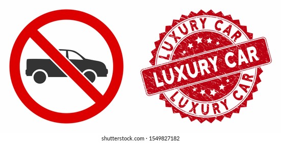 Vector no pickup icon and rubber round stamp watermark with Luxury Car caption. Flat no pickup icon is isolated on a white background. Luxury Car stamp seal uses red color and grunge texture.