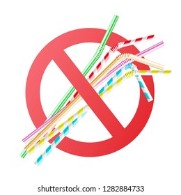 Vector no to plastic straws concept with colorful cocktail straws in red crossed circle. Environment pollustion prohibition, forbidden of disposable garbage cant be recycled.