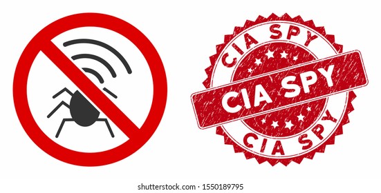 Vector no radio bugs icon and grunge round stamp seal with CIA Spy caption. Flat no radio bugs icon is isolated on a white background. CIA Spy stamp seal uses red color and dirty surface.
