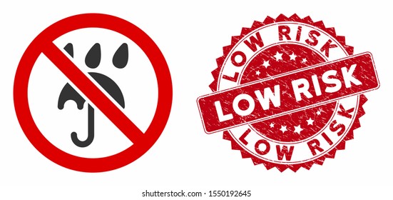 Vector no rain umbrella icon and rubber round stamp watermark with Low Risk text. Flat no rain umbrella icon is isolated on a white background. Low Risk stamp seal uses red color and rubber design.