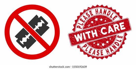 Vector no razor blade icon and grunge round stamp seal with Please Handle with Care caption. Flat no razor blade icon is isolated on a white background.