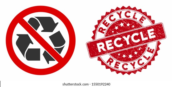 Vector no recycling icon and grunge round stamp watermark with Recycle text. Flat no recycling icon is isolated on a white background. Recycle stamp seal uses red color and grunge design.