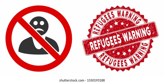 Vector no sad person icon and corroded round stamp watermark with Refugees Warning text. Flat no sad person icon is isolated on a white background.