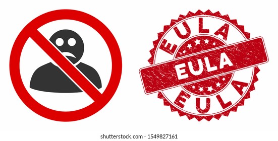 Vector no sad user icon and rubber round stamp seal with Eula caption. Flat no sad user icon is isolated on a white background. Eula stamp seal uses red color and dirty texture.