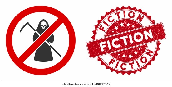 Vector no scytheman icon and rubber round stamp seal with Fiction text. Flat no scytheman icon is isolated on a white background. Fiction stamp seal uses red color and rubber texture.