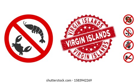 Vector no seafood icon and distressed round stamp seal with Virgin Islands text. Flat no seafood icon is isolated on a white background. Virgin Islands stamp seal uses red color and scratched texture.