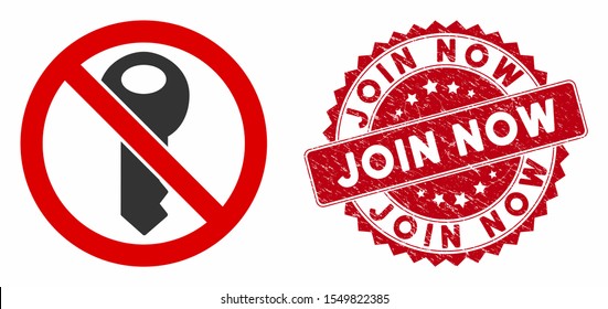 Vector no secret key icon and rubber round stamp seal with Join Now text. Flat no secret key icon is isolated on a white background. Join Now stamp seal uses red color and dirty design.