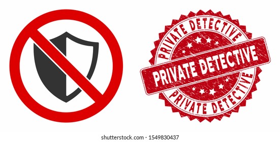 Vector no shield icon and rubber round stamp watermark with Private Detective caption. Flat no shield icon is isolated on a white background.