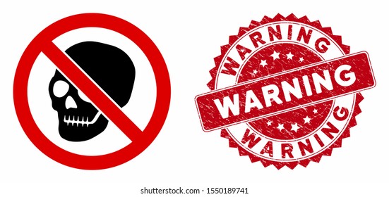 Vector no skeleton skull icon and grunge round stamp seal with Warning phrase. Flat no skeleton skull icon is isolated on a white background. Warning stamp seal uses red color and distress texture.