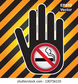 Vector : No Smoking Are Not Allowed Prohibited Sign Present By Hand With No Smoking in This Area Sign Inside in Caution Zone Dark and Yellow Background