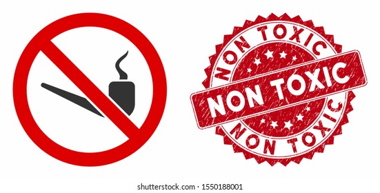 Vector no smoking pipe icon and grunge round stamp seal with Non Toxic caption. Flat no smoking pipe icon is isolated on a white background. Non Toxic stamp seal uses red color and grunge design.