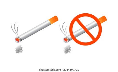 vector no smoking sign with cigarette.cigarette illlustration for no smoking.realistic  cigarette drawing with gradients and ash.burning cigarette with red core and smoke.stop smoking.quit smoking.