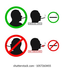 Vector No Smoking Sign Set. Male Silhouette Head. Vector Smoking Area Sign Set. Smoking Allowed and Forbidden. Cigarette with Smoke Icon