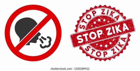 Vector no sneeze icon and corroded round stamp seal with Stop Zika text. Flat no sneeze icon is isolated on a white background. Stop Zika stamp seal uses red color and rubber design.