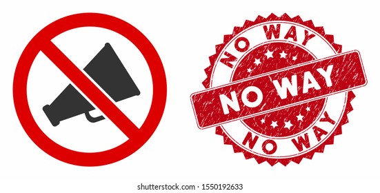 Vector no sound icon and grunge round stamp seal with No Way phrase. Flat no sound icon is isolated on a white background. No Way stamp uses red color and grunge surface.