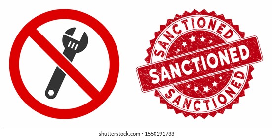Vector no spanner icon and rubber round stamp watermark with Sanctioned text. Flat no spanner icon is isolated on a white background. Sanctioned stamp seal uses red color and rubber design.