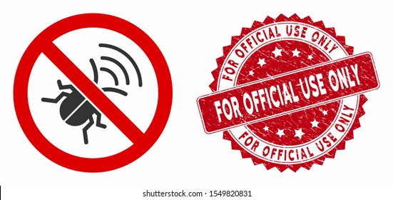 Vector no spy bug icon and distressed round stamp watermark with For Official Use Only phrase. Flat no spy bug icon is isolated on a white background.