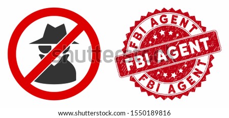 Vector no spy icon and grunge round stamp seal with FBI Agent caption. Flat no spy icon is isolated on a white background. FBI Agent stamp seal uses red color and grunge surface. Foto stock © 