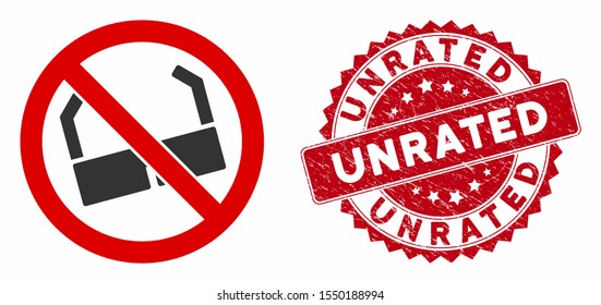 Vector no sun glasses icon and distressed round stamp seal with Unrated text. Flat no sun glasses icon is isolated on a white background. Unrated stamp seal uses red color and dirty design.
