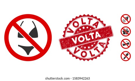 Vector no swimsuit icon and corroded round stamp seal with Volta text. Flat no swimsuit icon is isolated on a white background. Volta stamp seal uses red color and scratched texture.