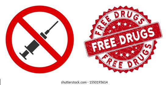 Vector no syringe icon and distressed round stamp seal with Free Drugs caption. Flat no syringe icon is isolated on a white background. Free Drugs stamp seal uses red color and rubber surface.