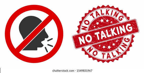 Vector no talking icon and rubber round stamp seal with No Talking text. Flat no talking icon is isolated on a white background. No Talking seal uses red color and rubber design.