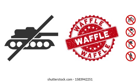 Vector no tank icon and grunge round stamp seal with Waffle text. Flat no tank icon is isolated on a white background. Waffle stamp uses red color and grunge design. Bonus icons are added.