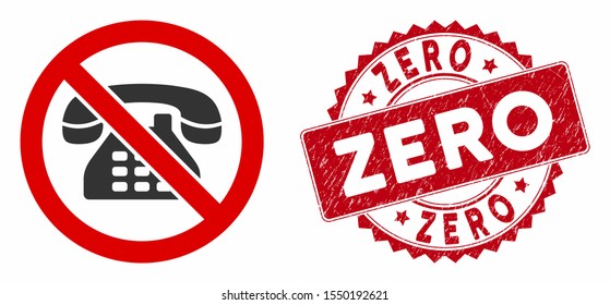 Vector no telephone icon and grunge round stamp watermark with Zero phrase. Flat no telephone icon is isolated on a white background. Zero stamp seal uses red color and grunge surface.