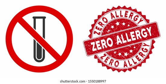 Vector no test-tube icon and grunge round stamp seal with Zero Allergy caption. Flat no test-tube icon is isolated on a white background. Zero Allergy seal uses red color and grunge design.