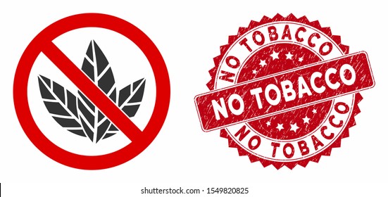 Vector no tobacco icon and rubber round stamp watermark with No Tobacco caption. Flat no tobacco icon is isolated on a white background. No Tobacco stamp seal uses red color and rubber design.