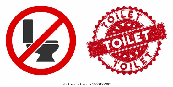 Vector no toilet bowl icon and rubber round stamp watermark with Toilet text. Flat no toilet bowl icon is isolated on a white background. Toilet stamp seal uses red color and rubber design.