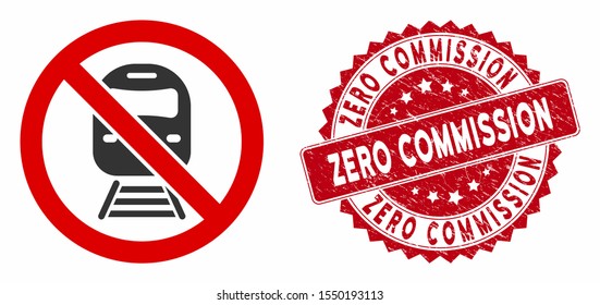 Vector no train icon and grunge round stamp seal with Zero Commission phrase. Flat no train icon is isolated on a white background. Zero Commission stamp seal uses red color and rubber design.