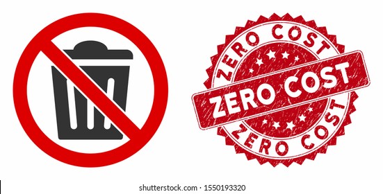 Vector no trash can icon and grunge round stamp seal with Zero Cost text. Flat no trash can icon is isolated on a white background. Zero Cost seal uses red color and dirty design.