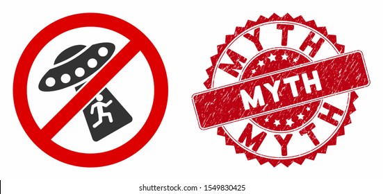 Vector no UFO abduction icon and rubber round stamp seal with Myth caption. Flat no UFO abduction icon is isolated on a white background. Myth stamp uses red color and rubber texture.