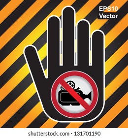 Vector : No VDO Camera or No Trespassing Prohibited Sign Present By Hand With No VDO Camera Sign Inside in Caution Zone Dark and Yellow Background