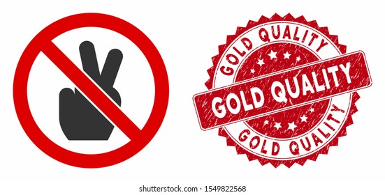 Vector no victory gesture icon and distressed round stamp watermark with Gold Quality phrase. Flat no victory gesture icon is isolated on a white background.