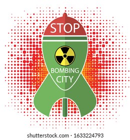 Vector No War Sign on Halftone Background. Green Atomic Bomb with Radiation Sign on Red Background. Nuclear Rocket. Weapon Icon. Explode Flash, Cartoon Explosion, Nuclear Burst.