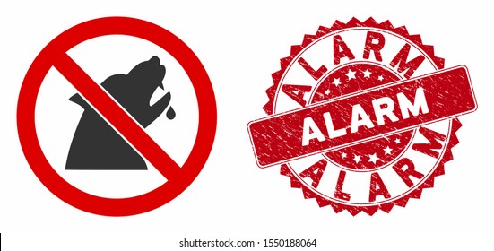 Vector no werewolf icon and rubber round stamp watermark with Alarm caption. Flat no werewolf icon is isolated on a white background. Alarm stamp uses red color and dirty texture.