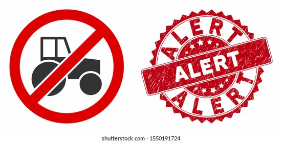 Vector no wheel tractor icon and grunge round stamp seal with Alert text. Flat no wheel tractor icon is isolated on a white background. Alert stamp seal uses red color and grunge texture.