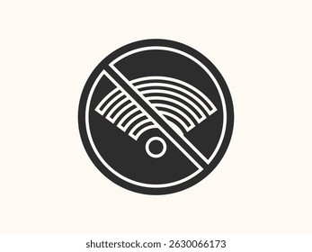 vector no WiFi icon featuring a crossed-out wireless signal. Perfect for illustrating internet disconnection, offline mode, or network issues.