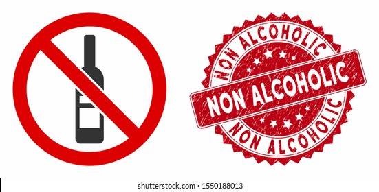 Vector no wine bottle icon and grunge round stamp seal with Non Alcoholic phrase. Flat no wine bottle icon is isolated on a white background. Non Alcoholic stamp uses red color and grunge texture.