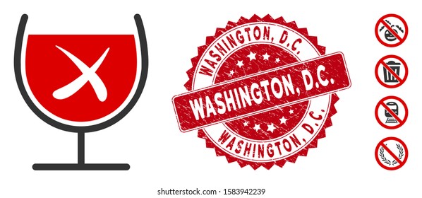 Vector no wine drinking icon and rubber round stamp seal with Washington, D.C. text. Flat no wine drinking icon is isolated on a white background. Washington, D.C.
