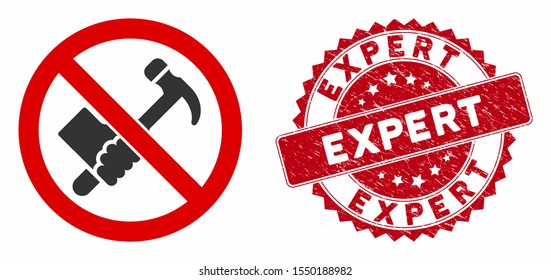 Vector no working hammer icon and corroded round stamp watermark with Expert text. Flat no working hammer icon is isolated on a white background. Expert stamp uses red color and rubber design.