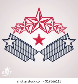 Vector noble 3d symbol. Web and graphic design emblem with red pentagonal stars, detailed clear eps8 template. Success theme.