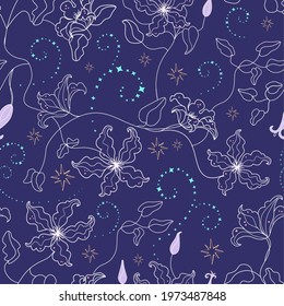 Vector nocturnal celestial seamless pattern with line clematis flowers on dark purple starry night sky with magic spells curves. Perfect for girls childish textile design.