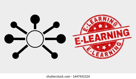 Vector node links icon and E-Learning stamp. Red round distress stamp with E-Learning text. Vector combination for node links in flat style. Black isolated node links icon.
