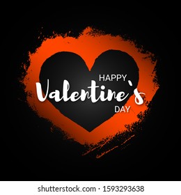 Vector noir romantic card with glossy red grunge heart with white text Happy Valentines Day on black background. 