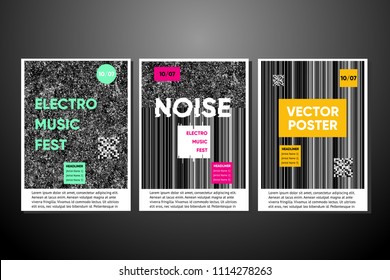 Vector noise posters set with noise background. Electro music festival invitation, glitch texture. Trendy covers template.